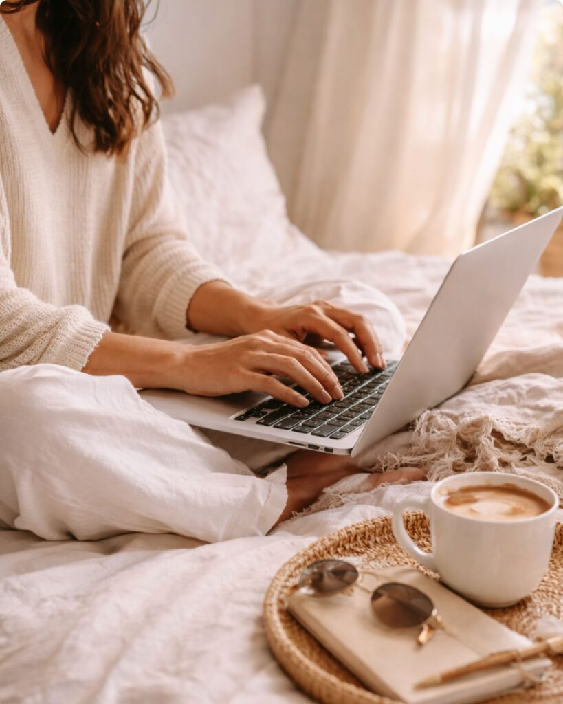 woman typing on keyboard on bed