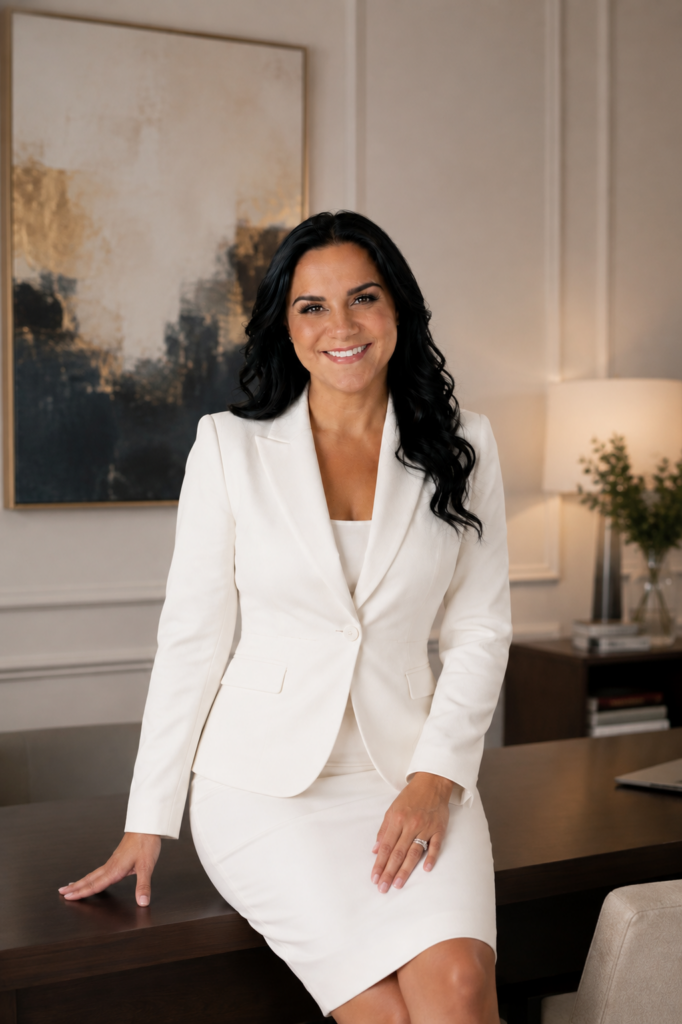 Janessa Borges, LCSW, in a white suit beside an office desk