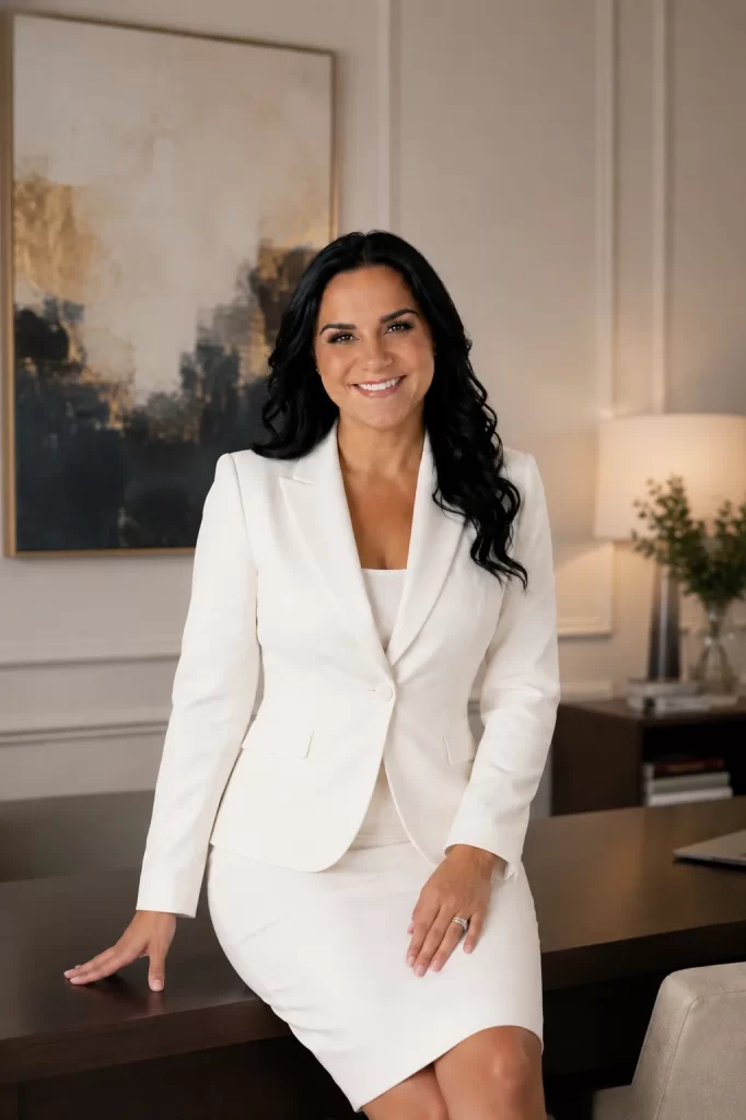 Janessa Borges, LCSW, in a white suit beside an office desk